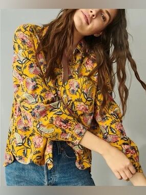 Anthropologie Pilcro Sigourney Corduroy Button Down Lg Mustard W/Floral Paisley